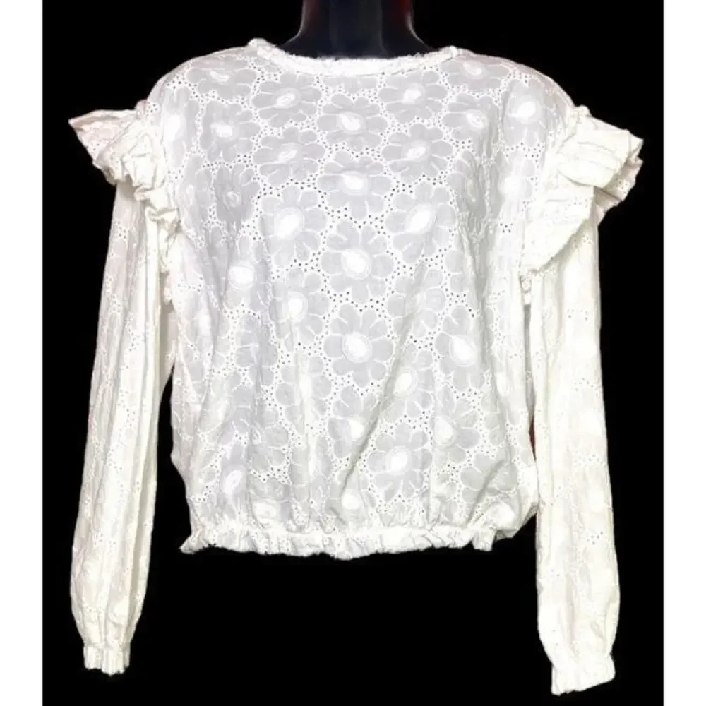 Forever 21 Floral Crochet Long Sleeve Ruffle Pullover Long Sleeve White Top Sz S